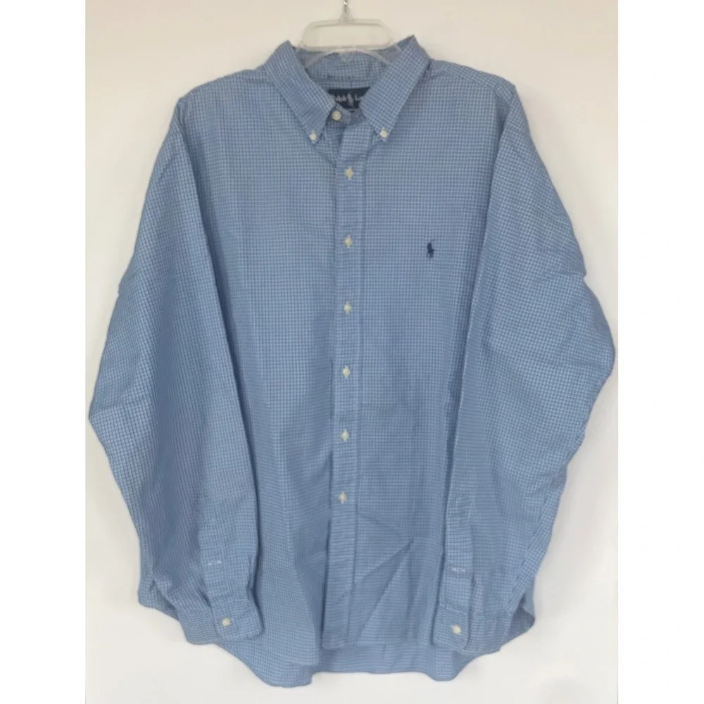 Ralph Lauren Classic Fit Blue Check Button Down Shirt Mens XXL 18 Long Sleeve